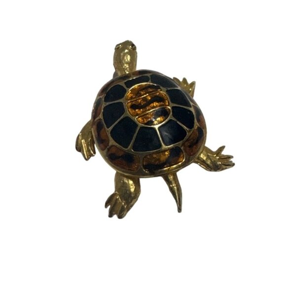 Vintage Gold Tone Black and Amber Cloisonne Turtle Pin Brooch - Picture 2 of 4